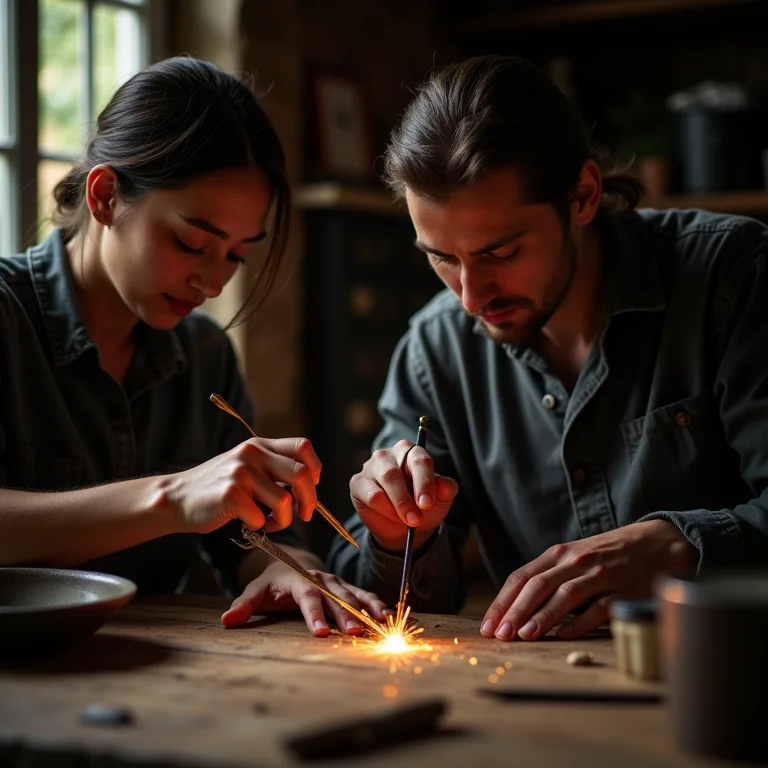 Dois artesãos diversos compartilhando técnicas e conhecimento