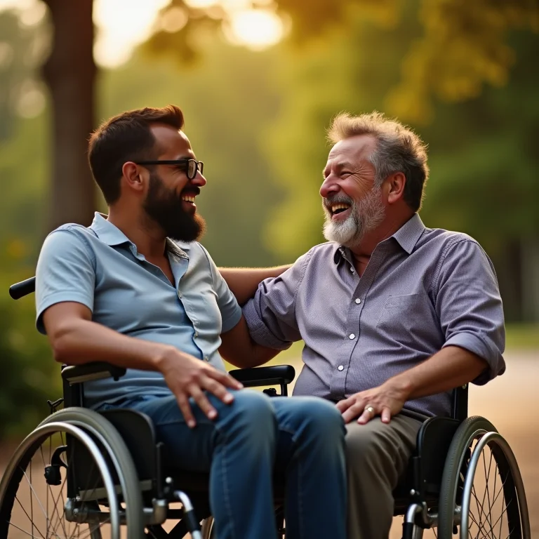 Dois homens, um deles em cadeira de rodas, rindo juntos ao ar livre.