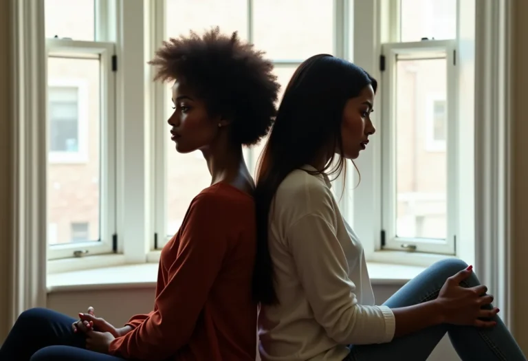 Duas amigas sentadas de costas, uma com expressão triste, representando o fim de uma amizade tóxica