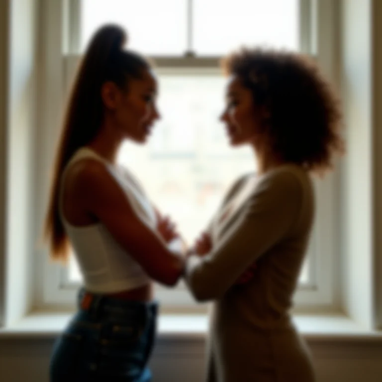 Duas irmãs discutindo de costas uma para a outra, representando a incapacidade de resolver conflitos de forma saudável.