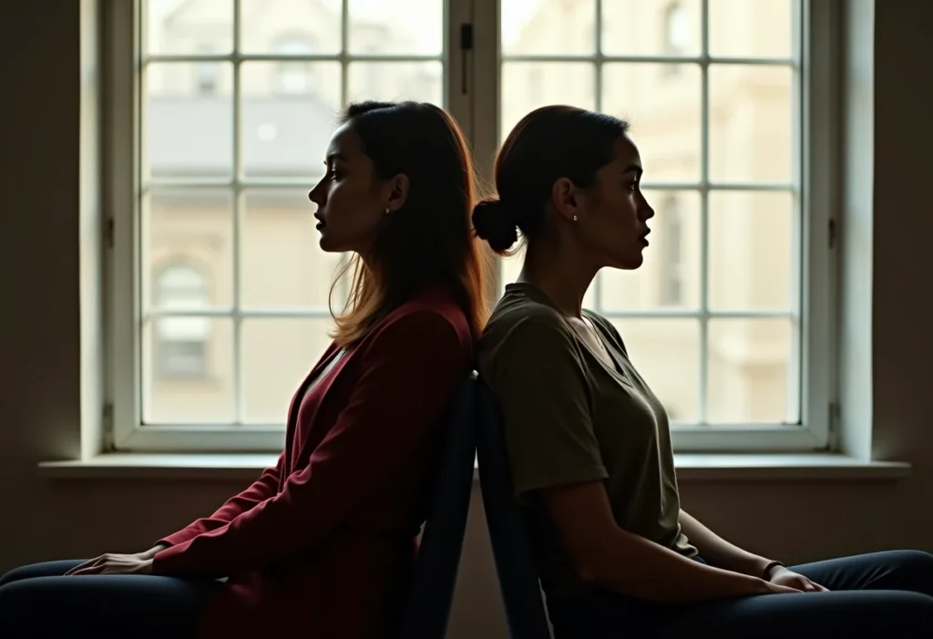 Irmãos: 5 sinais de que a relação de vocês é tóxica (e como mudar) Duas irmãs sentadas de costas uma para a outra, representando tensão e conflito em um relacionamento tóxico.