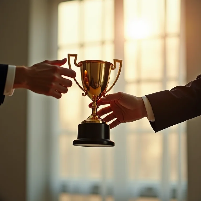 Duas mãos competindo por um troféu, simbolizando a competição exacerbada entre irmãos.