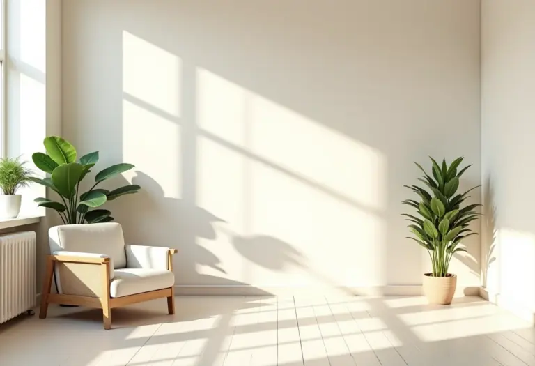 Elegante sala de estar com decoração minimalista e iluminação suave.