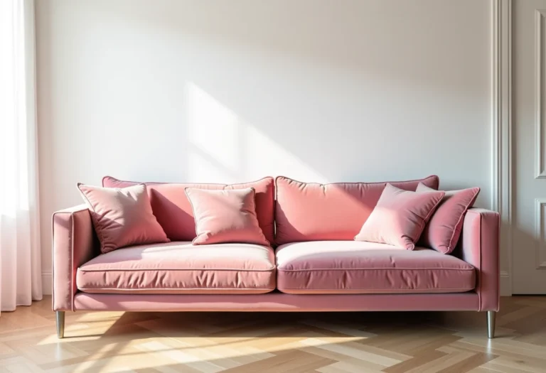 Elegante sala de estar com sofá rosa.