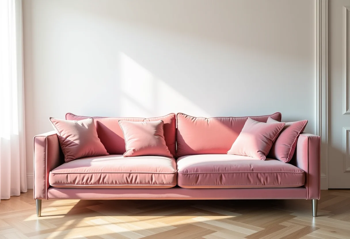 Elegante sala de estar com sofá rosa.