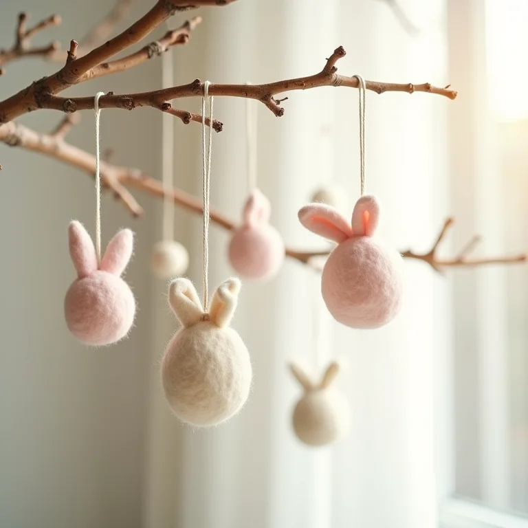 Enfeites de feltro pendurados em galho delicado.