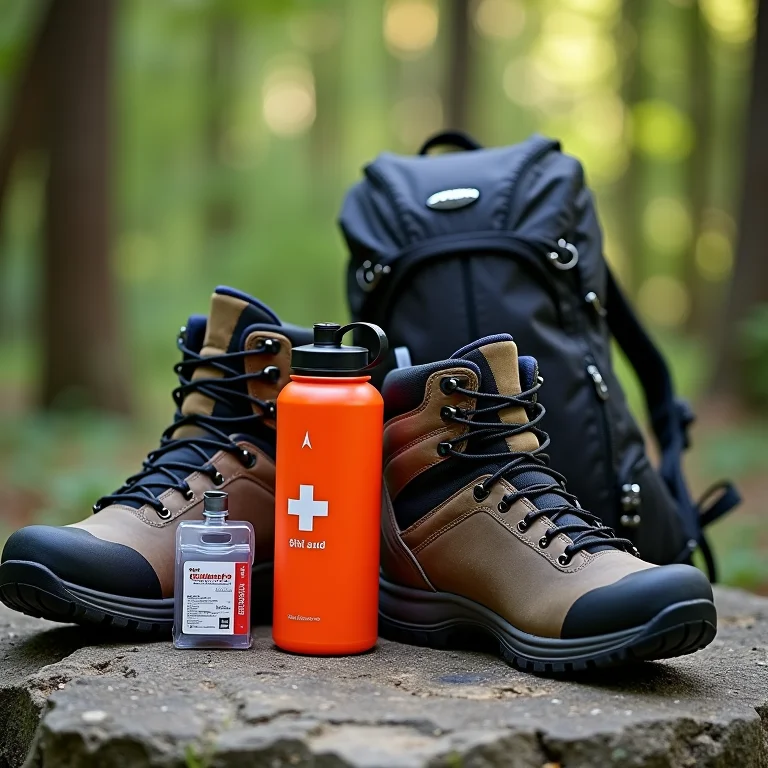 Equipamento essencial para trilha: botas, mochila, água e kit de primeiros socorros