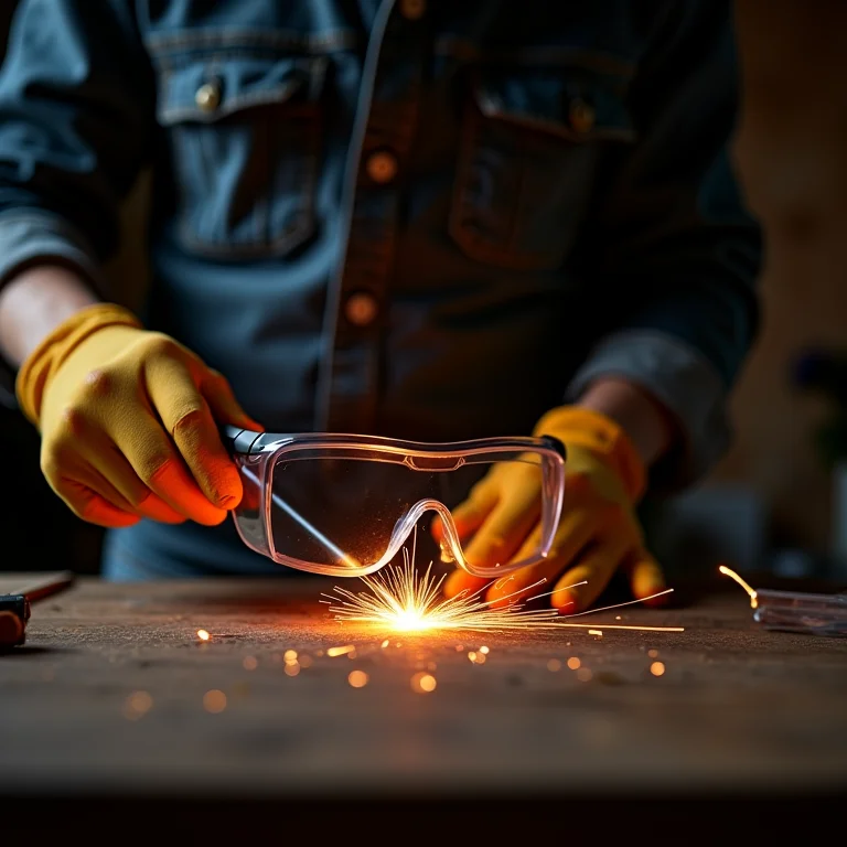 Equipamentos de segurança para pirografia: óculos, luvas e ambiente ventilado.