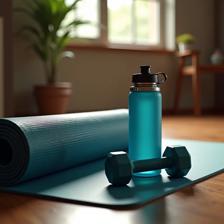 Equipamentos de treino em casa: tapete de yoga, haltere e garrafa d'água.