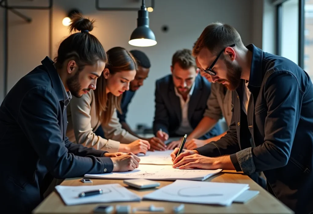 Equipe diversificada trabalhando na produção de roupas com tecnologia moderna.
