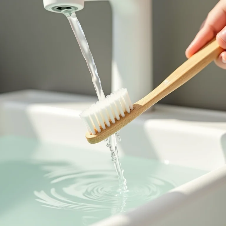 Escova de dentes de bambu sendo lavada em pia minimalista