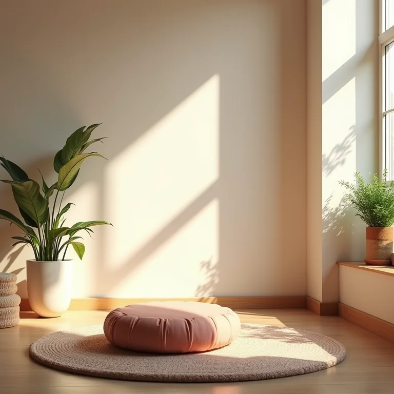 Espaço de mindfulness minimalista em casa com almofada de meditação.