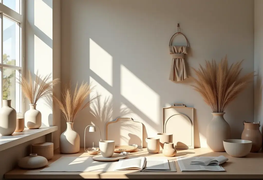 Espaço de trabalho minimalista com peças artesanais