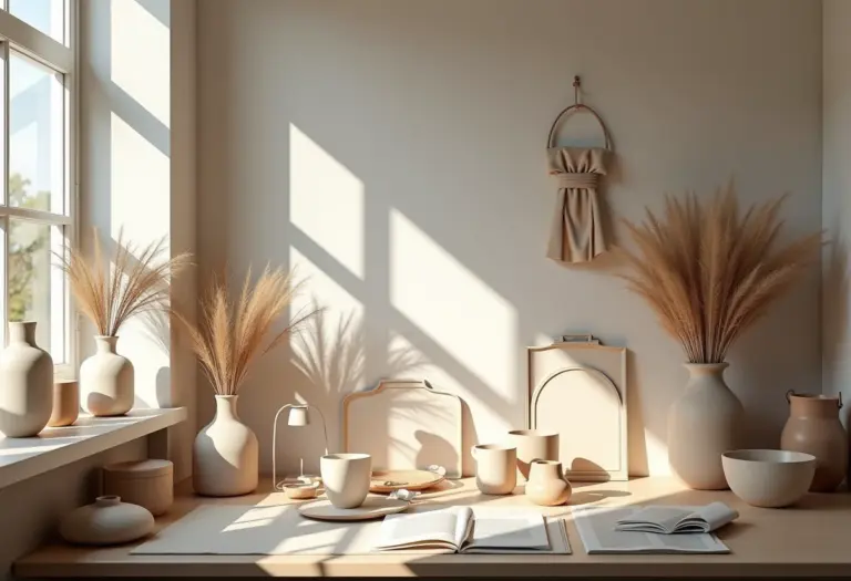 Espaço de trabalho minimalista com peças artesanais