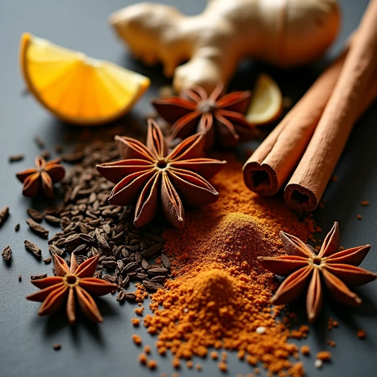 Especiarias e folhas de chá em composição artística