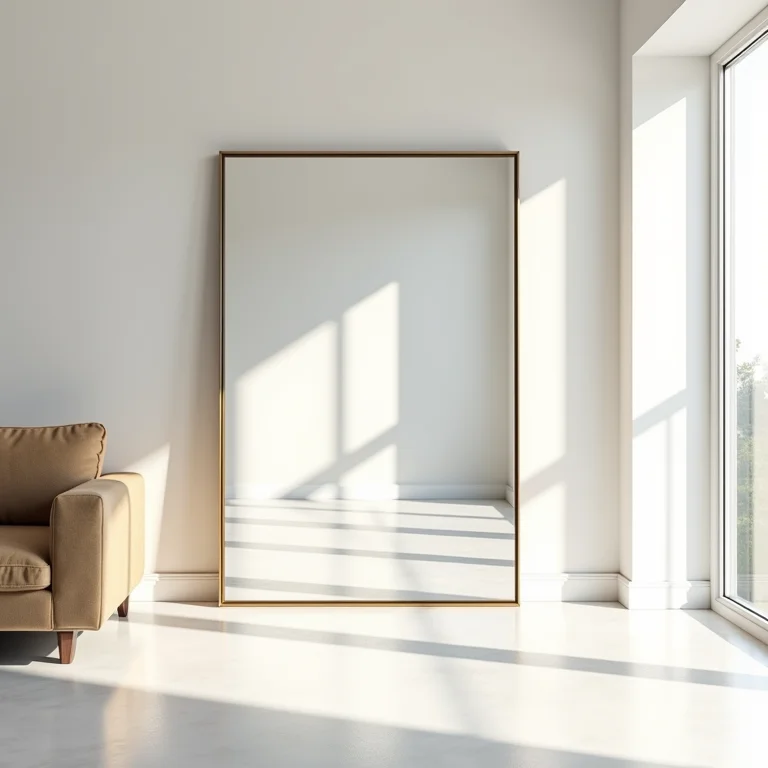 Espelho ampliando sala de estar iluminada.