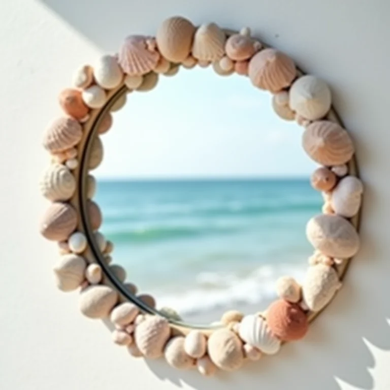Espelho decorado com conchas refletindo o oceano