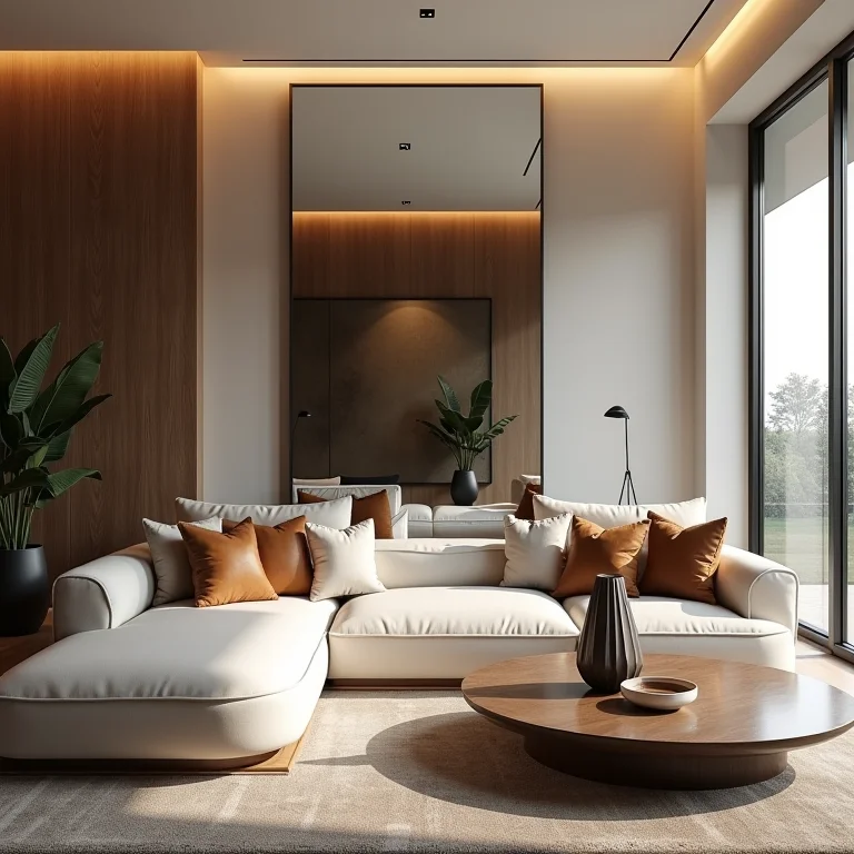 Espelho decorativo em sala de estar pequena ampliando o espaço