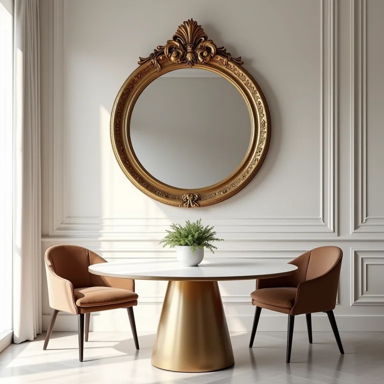 Espelho redondo com moldura exagerada em uma sala de jantar minimalista.