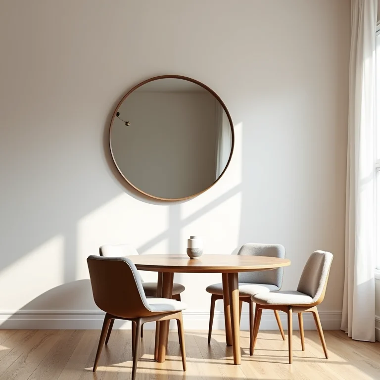 Espelho redondo mal posicionado em uma sala de jantar.