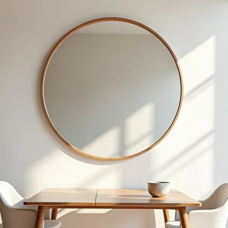 Espelho redondo pendurado muito baixo na parede da sala de jantar.