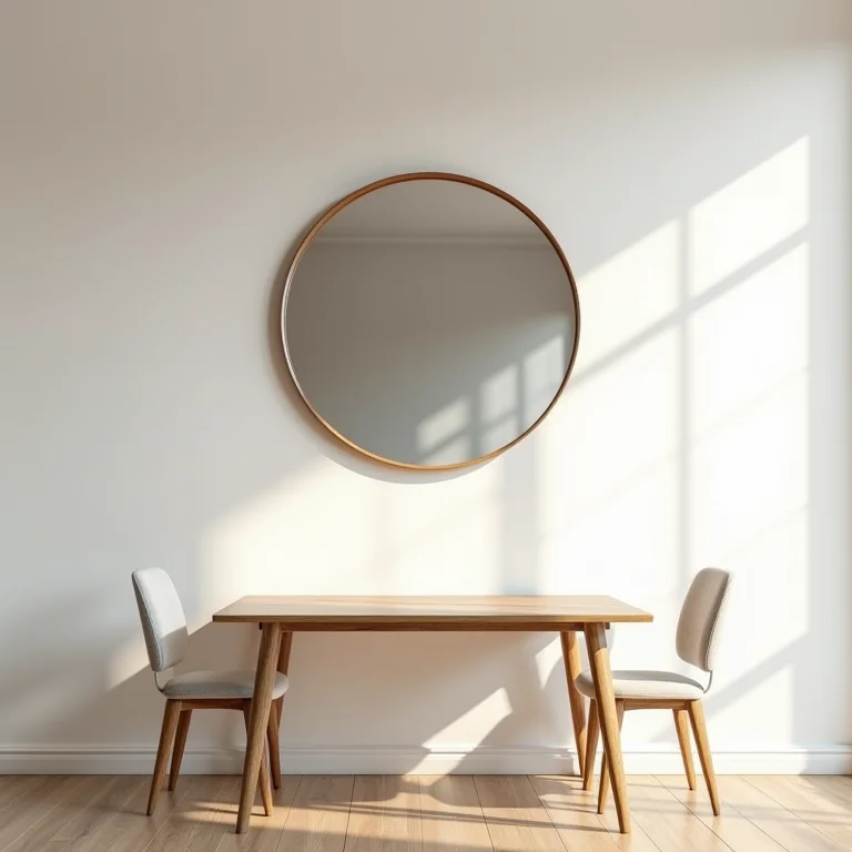 Espelho redondo pequeno demais em uma parede grande da sala de jantar.