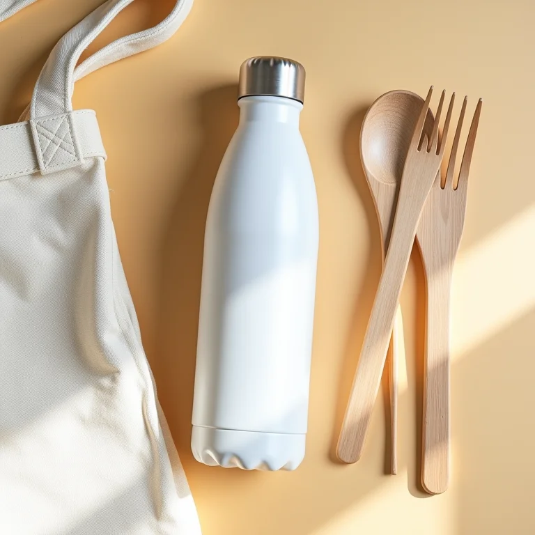 Essenciais para viagens sustentáveis em flat lay.