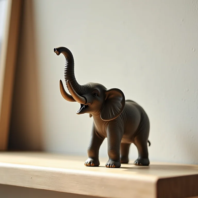 Estatueta de elefante com a tromba para cima em uma prateleira
