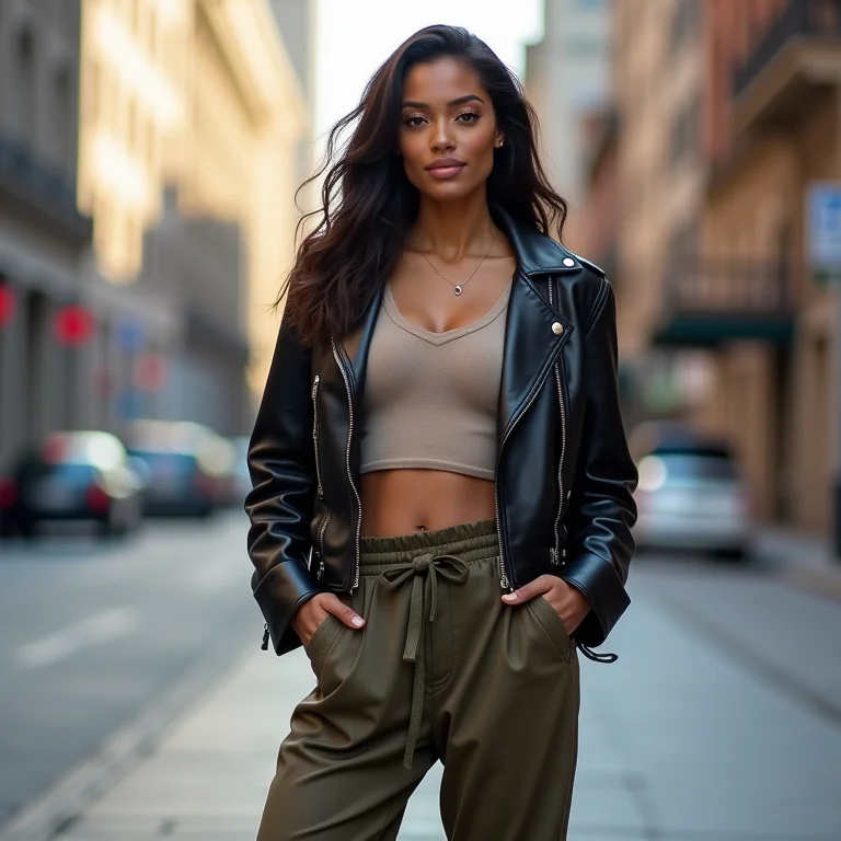 Estilo rocker com calça slouchy e jaqueta de couro.