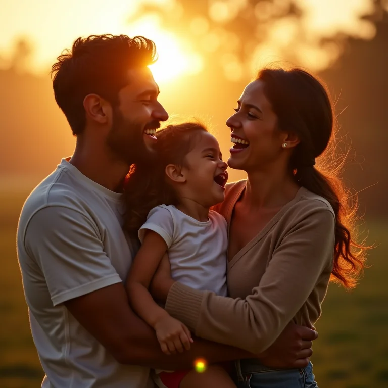 Família abraçada, sorrindo e feliz.