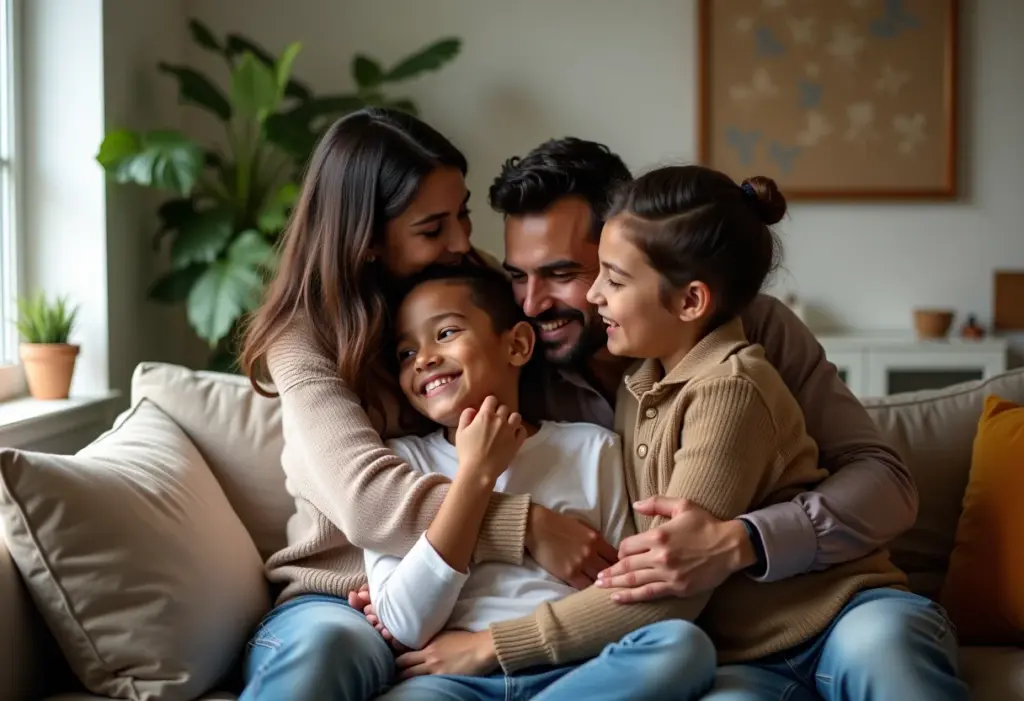 Família feliz abraçada em casa