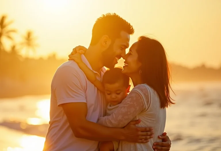 Família feliz aproveitando férias românticas em praia paradisíaca.