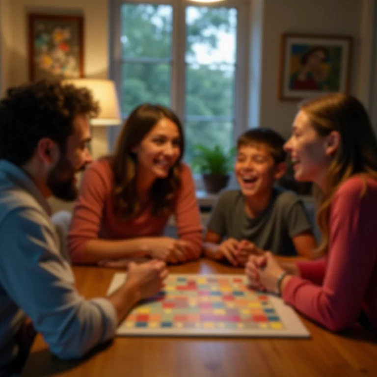 Família jogando jogo de tabuleiro, fortalecendo laços.