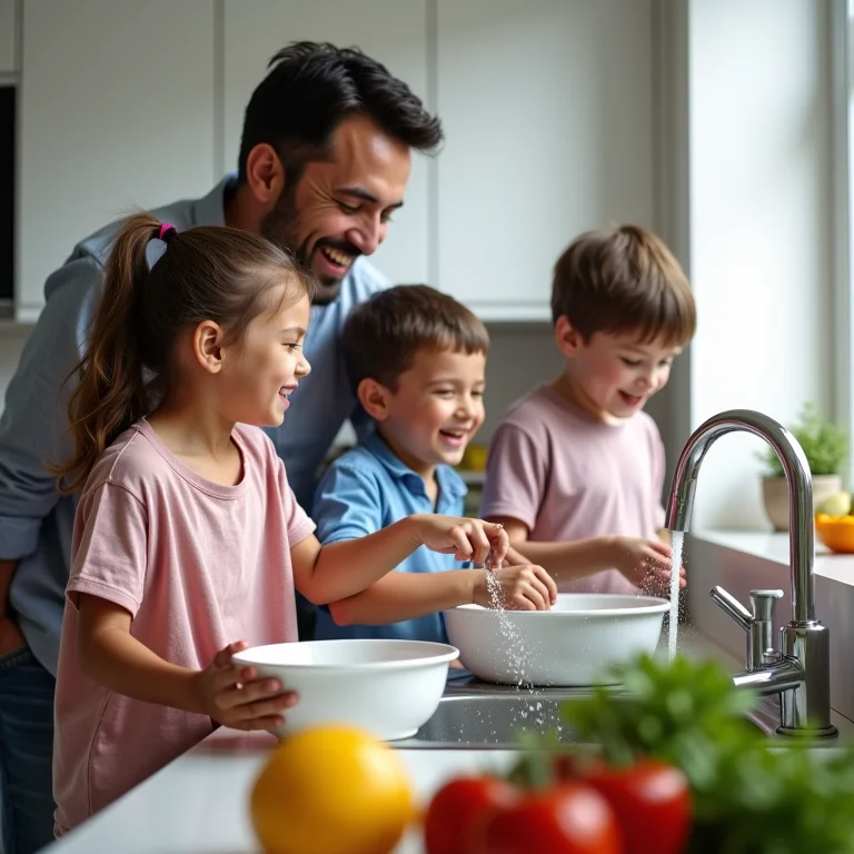 Família lavando louça junta, fortalecendo os laços familiares.