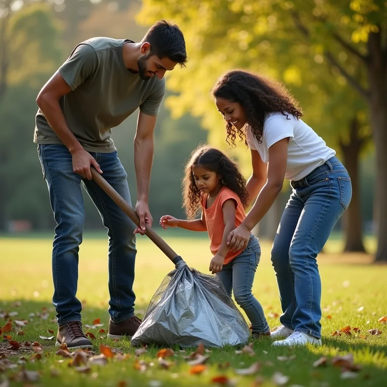 Família limpando parque juntos.