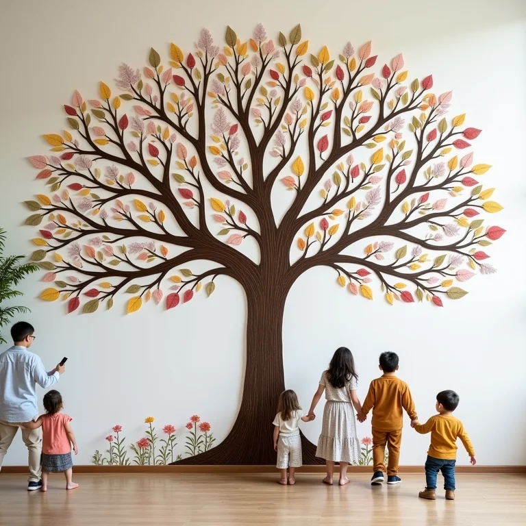 Família personalizando a árvore da vida com desenhos e flores prensadas