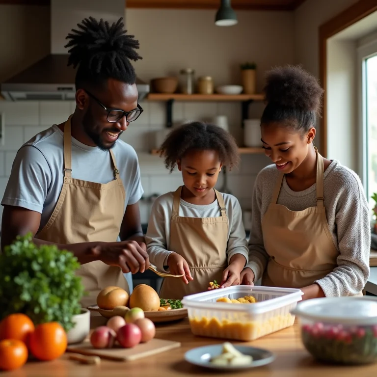 Família preparando refeições para pessoas em situação de rua.