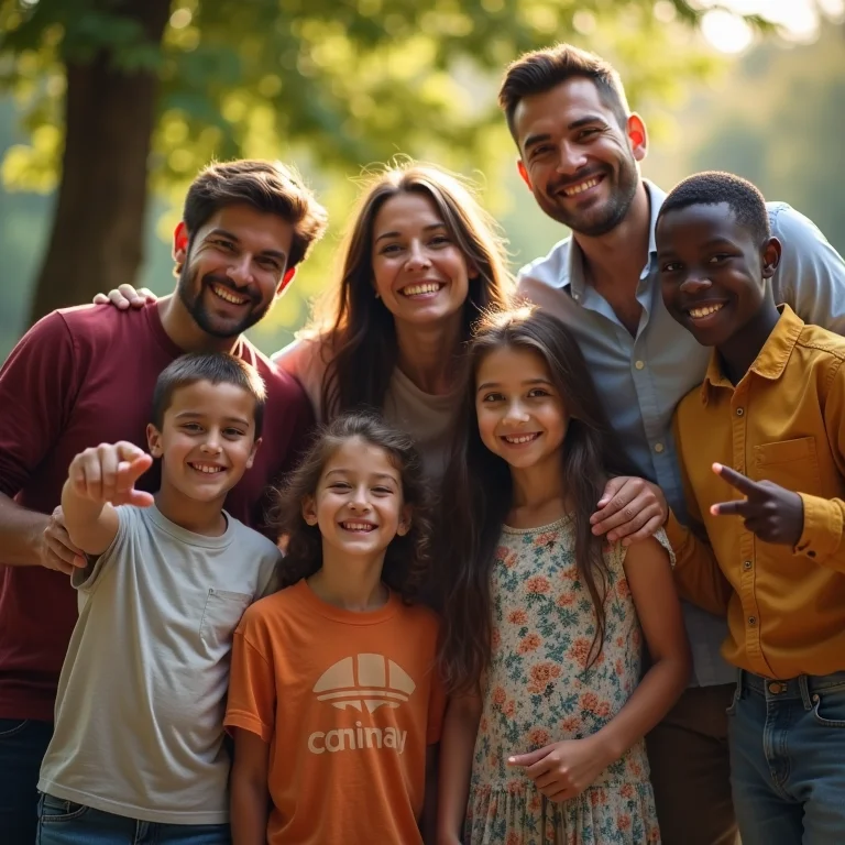 Família reunida em volta da árvore da vida, sorrindo e apontando