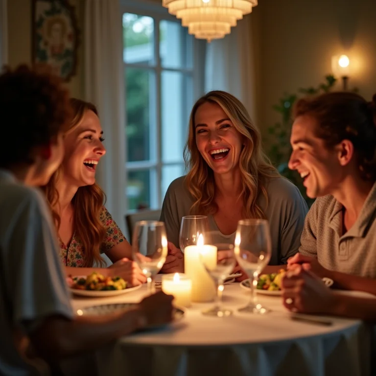 Família rindo à mesa durante o jantar
