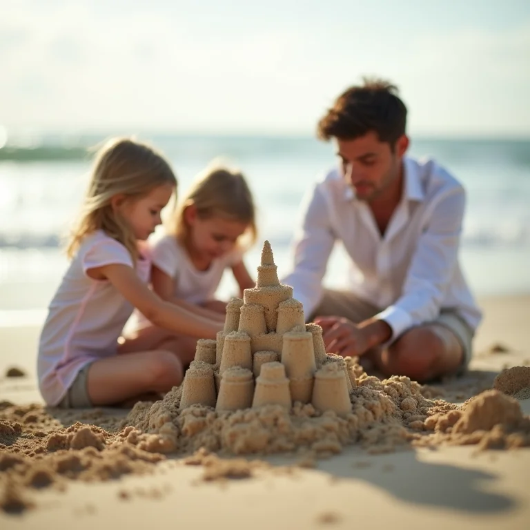 Família se divertindo junta construindo castelo de areia na praia.