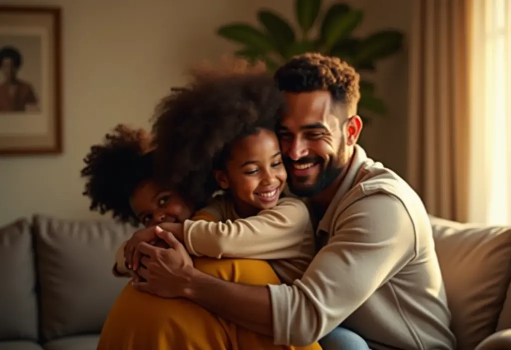 Família unida em um abraço caloroso.
