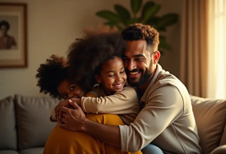 Família unida em um abraço caloroso.