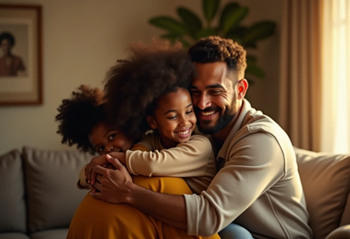 Família unida em um abraço caloroso.