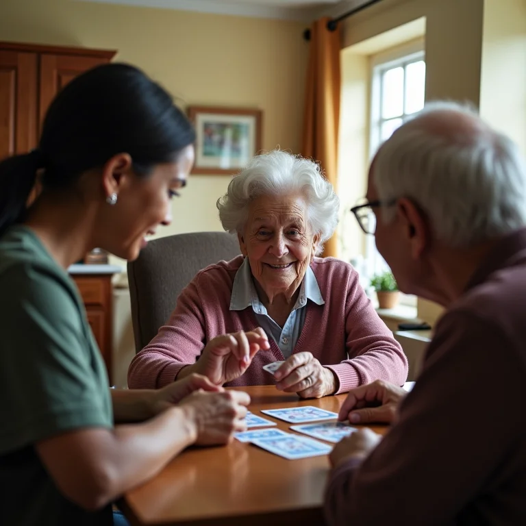 Família visitando asilo e jogando cartas com idosa.
