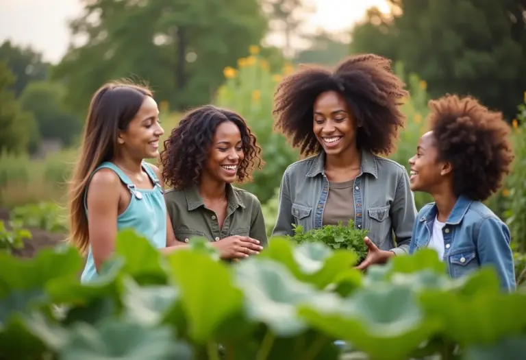 Família voluntariando em jardim comunitário, sorrindo e conectada.