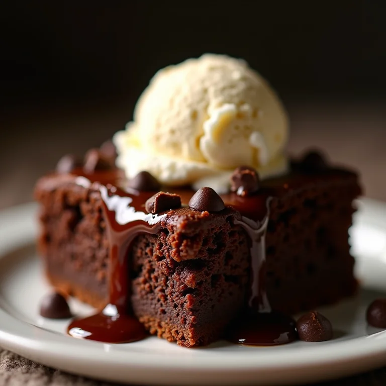 Fatia de bolo de chocolate quentinho com sorvete.