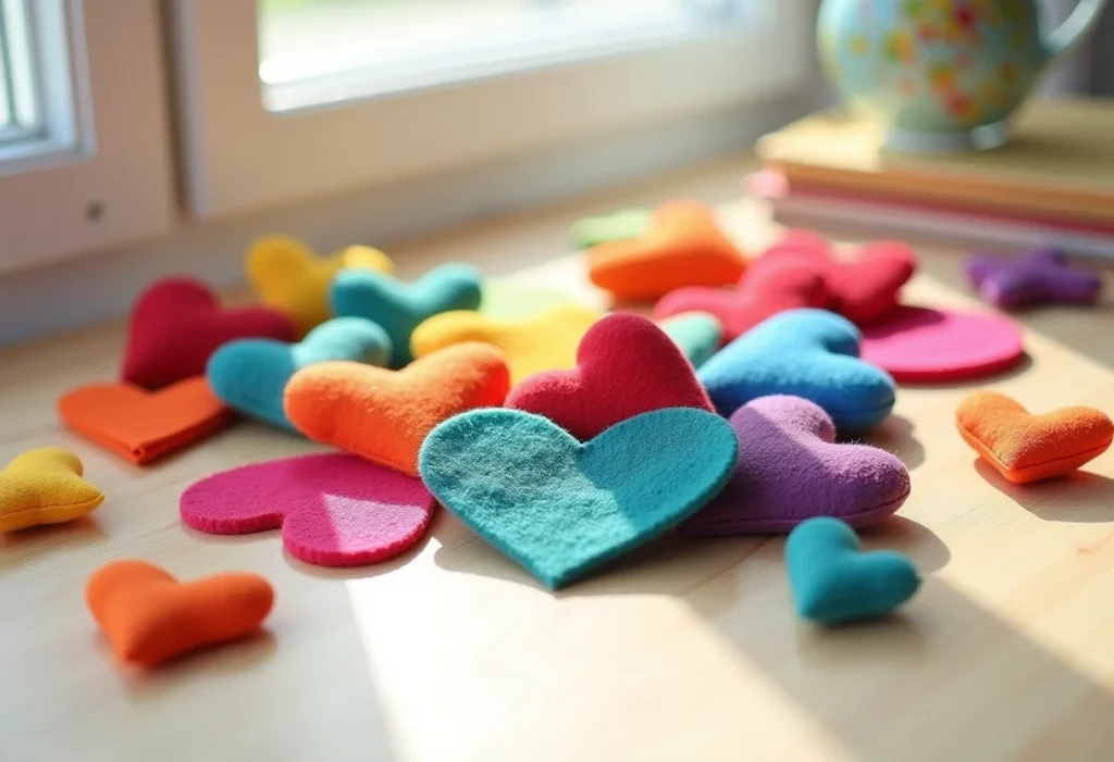 Feltro colorido e materiais de costura dispostos em uma superfície de madeira clara.