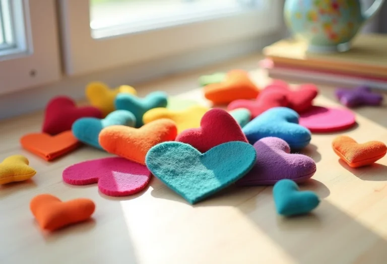 Feltro colorido e materiais de costura dispostos em uma superfície de madeira clara.