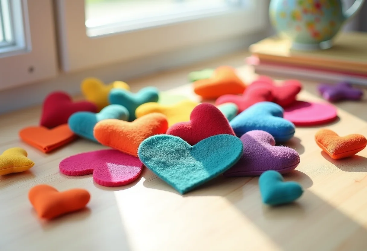 Feltro colorido e materiais de costura dispostos em uma superfície de madeira clara.