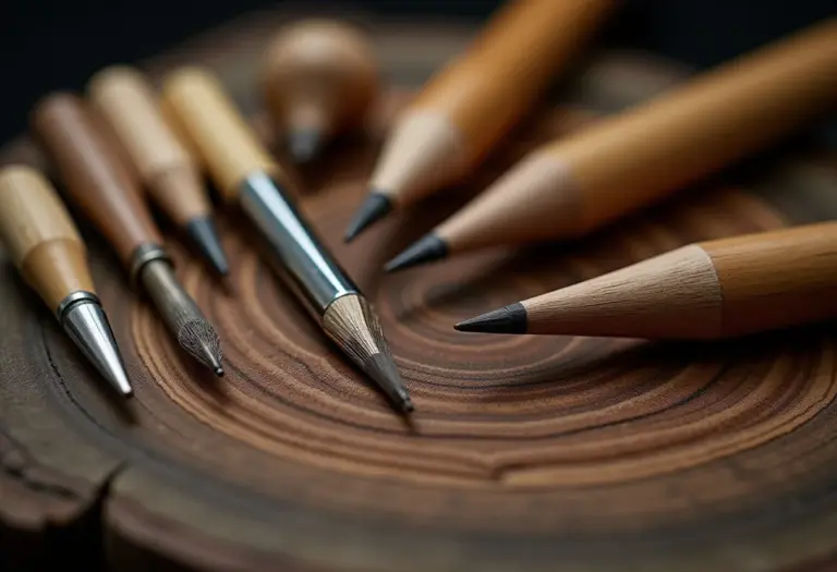 Ferramentas de pirografia dispostas artisticamente sobre madeira rústica